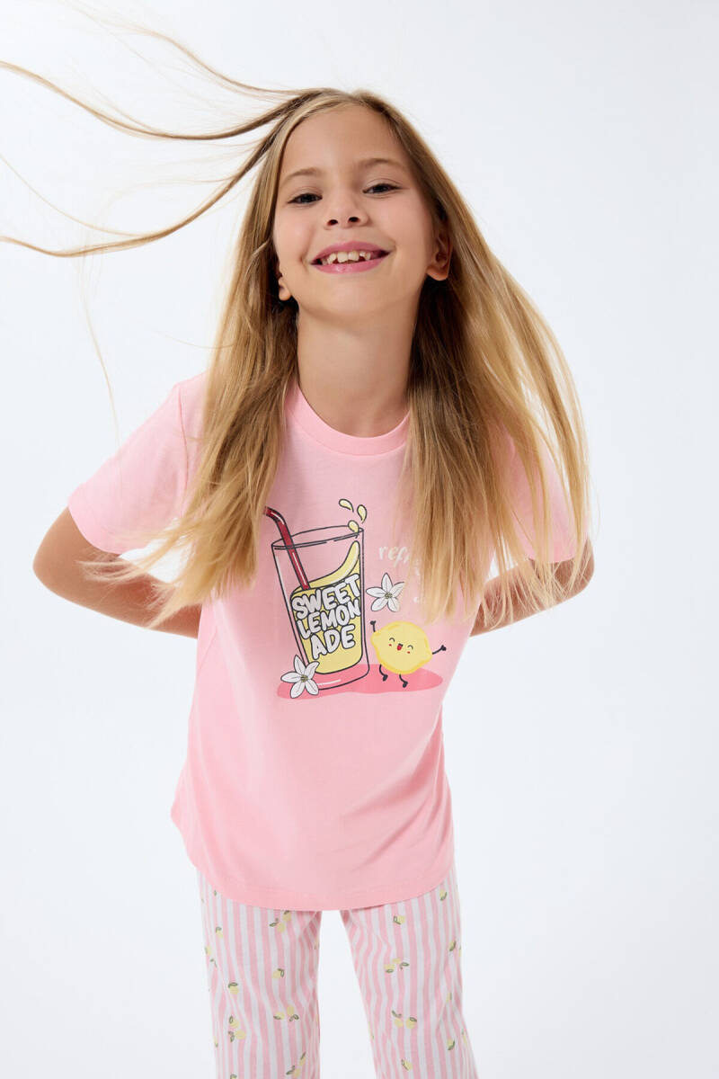 Rolypoly Kız Çocuk Bisiklet Yaka Baskılı Yazlık Regular Fit Pembe Pijama Takımı RP3776-C-V2 - 2