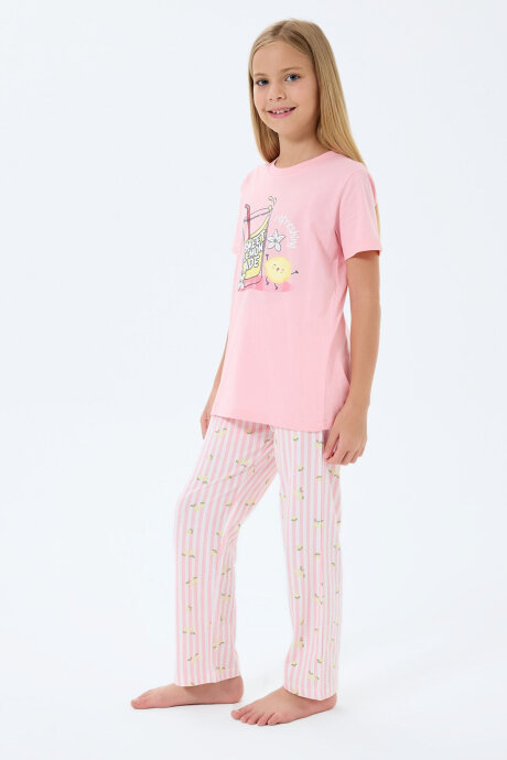 Rolypoly Kız Çocuk Bisiklet Yaka Baskılı Yazlık Regular Fit Pembe Pijama Takımı RP3776-C-V2 - 3