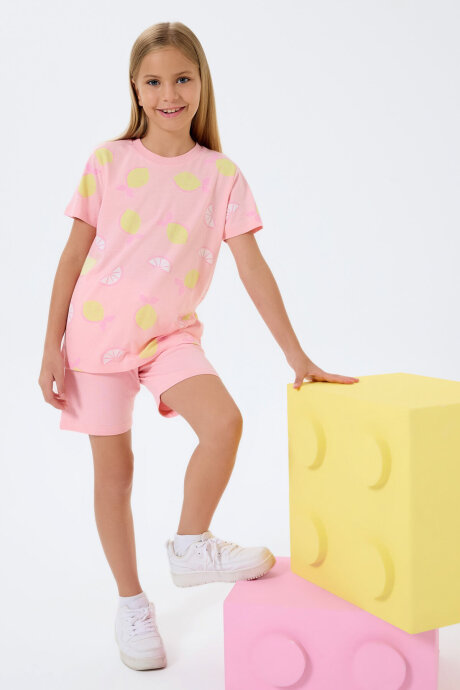 Rolypoly Kız Çocuk Bisiklet Yaka Baskılı Yazlık Regular Fit Pembe Şort Takım RP3793-C-V2