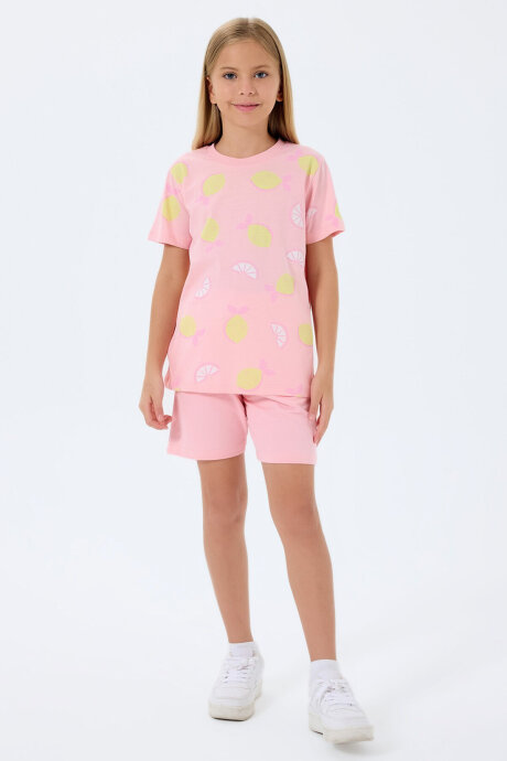 Rolypoly Kız Çocuk Bisiklet Yaka Baskılı Yazlık Regular Fit Pembe Şort Takım RP3793-C-V2 (1)
