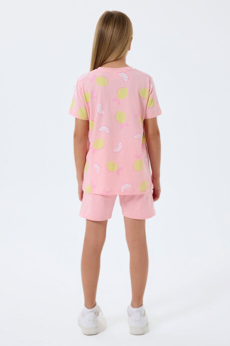 Rolypoly Kız Çocuk %100 Pamuk Bisiklet Yaka Baskılı Yazlık Regular Fit Pembe Şort Takım RP3793-C-V2 - 4