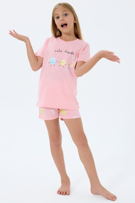 Rolypoly Kız Çocuk %100 Pamuk Bisiklet Yaka Baskılı Yazlık Regular Fit Pembe Şort Takım RP3794-C-V2 