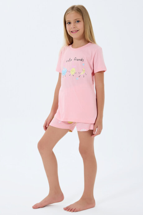 Rolypoly Kız Çocuk %100 Pamuk Bisiklet Yaka Baskılı Yazlık Regular Fit Pembe Şort Takım RP3794-C-V2 - 2