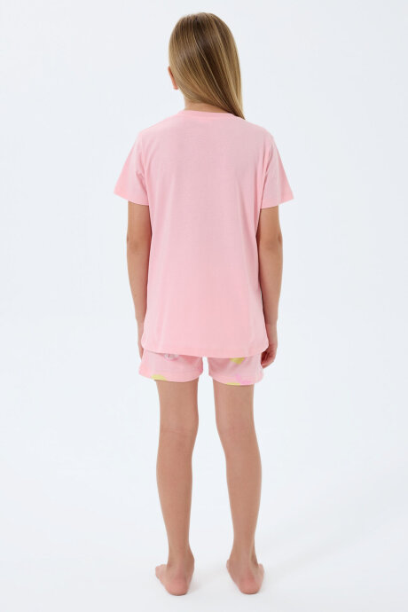 Rolypoly Kız Çocuk %100 Pamuk Bisiklet Yaka Baskılı Yazlık Regular Fit Pembe Şort Takım RP3794-C-V2 - 4
