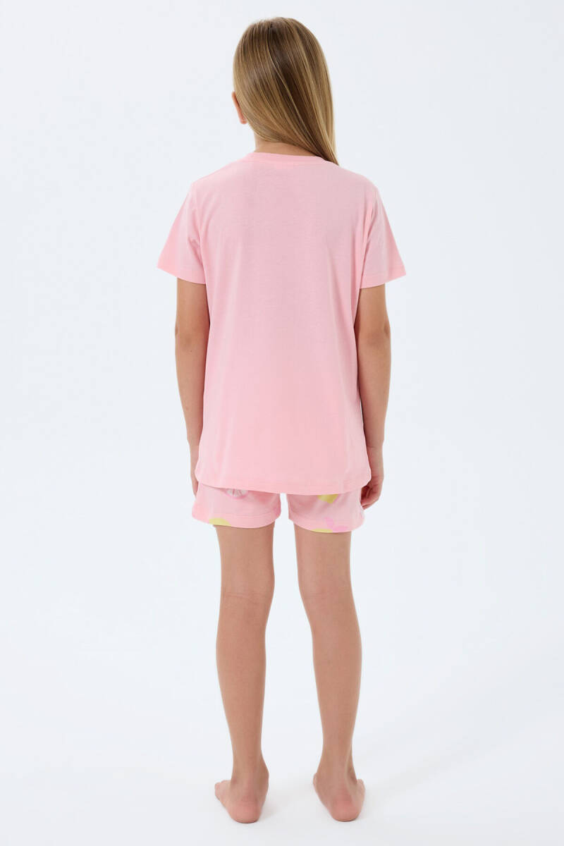 Rolypoly Kız Çocuk %100 Pamuk Bisiklet Yaka Baskılı Yazlık Regular Fit Pembe Şort Takım RP3794-C-V2 - 4