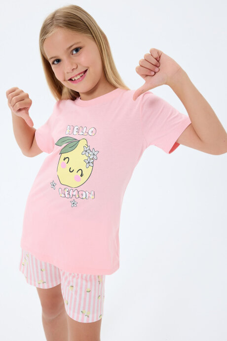 Rolypoly Kız Çocuk %100 Pamuk Bisiklet Yaka Baskılı Yazlık Regular Fit Pembe Şort Takım RP3777-C-V2 - 2