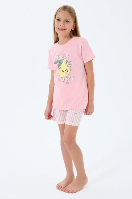 Rolypoly Kız Çocuk %100 Pamuk Bisiklet Yaka Baskılı Yazlık Regular Fit Pembe Şort Takım RP3777-C-V2 - 3