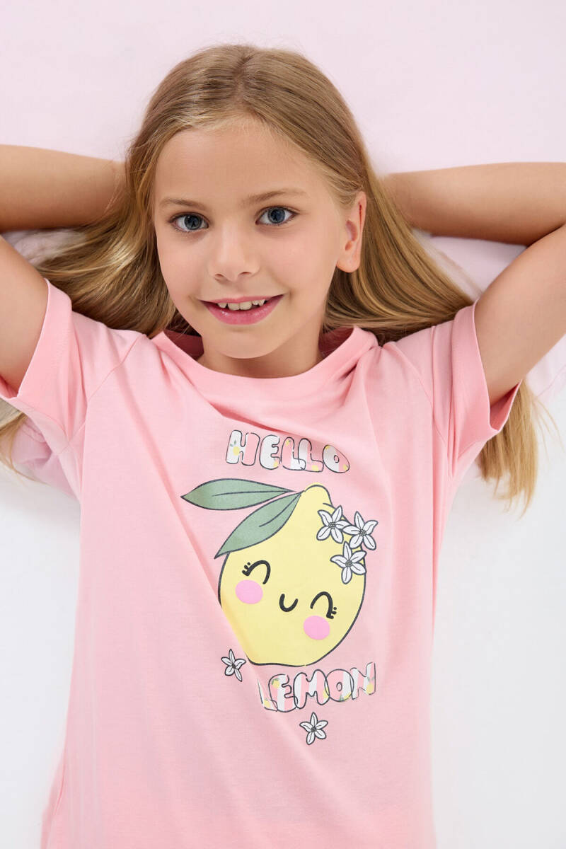 Rolypoly Kız Çocuk %100 Pamuk Bisiklet Yaka Baskılı Yazlık Regular Fit Pembe Şort Takım RP3777-C-V2 - 5