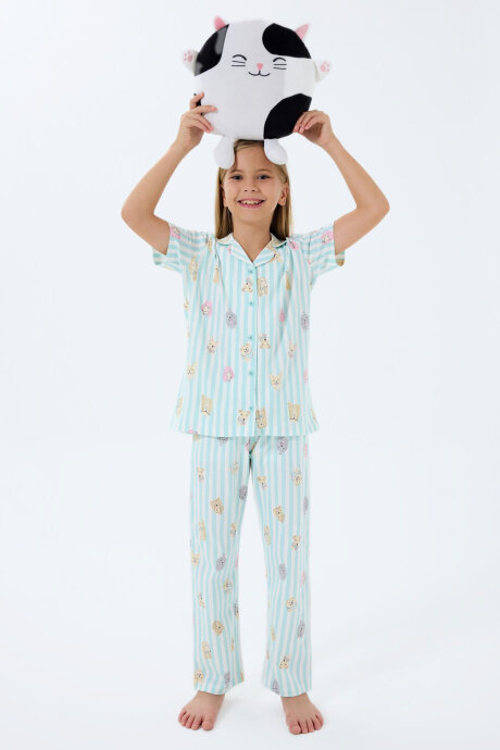 Rolypoly Kız Çocuk %100 Pamuk Gömlek Yaka Baskılı Yazlık Relaxed Fit Yeşil Pijama Takımı RP3809-C-V2