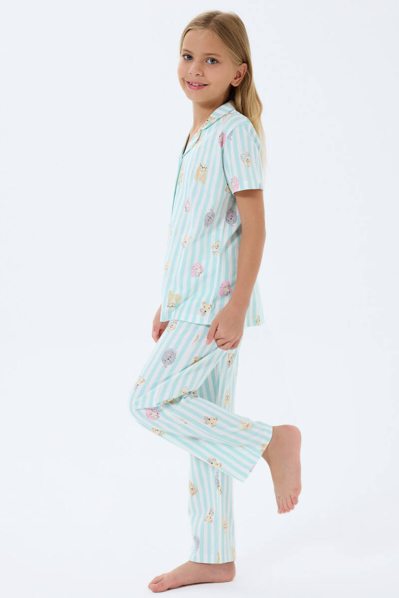 Rolypoly Kız Çocuk %100 Pamuk Gömlek Yaka Baskılı Yazlık Relaxed Fit Yeşil Pijama Takımı RP3809-C-V2 - 2