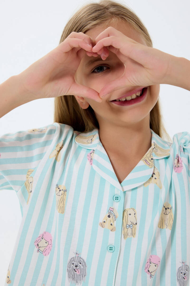 Rolypoly Kız Çocuk %100 Pamuk Gömlek Yaka Baskılı Yazlık Relaxed Fit Yeşil Pijama Takımı RP3809-C-V2 - 3