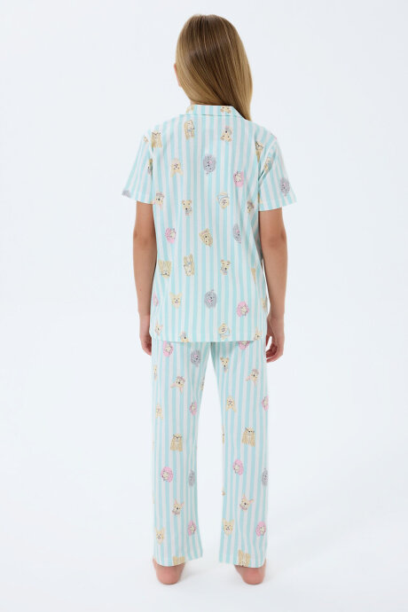 Rolypoly Kız Çocuk %100 Pamuk Gömlek Yaka Baskılı Yazlık Relaxed Fit Yeşil Pijama Takımı RP3809-C-V2 - 4