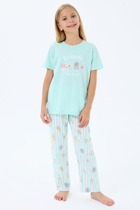 Rolypoly Kız Çocuk Bisiklet Yaka Baskılı Yazlık Regular Fit Yeşil Pijama Takımı RP3810-C-V2