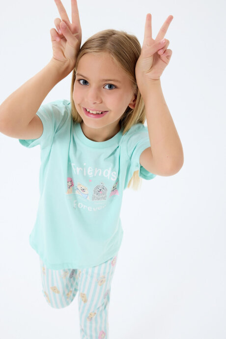 Rolypoly Kız Çocuk Bisiklet Yaka Baskılı Yazlık Regular Fit Yeşil Pijama Takımı RP3810-C-V2 (1)