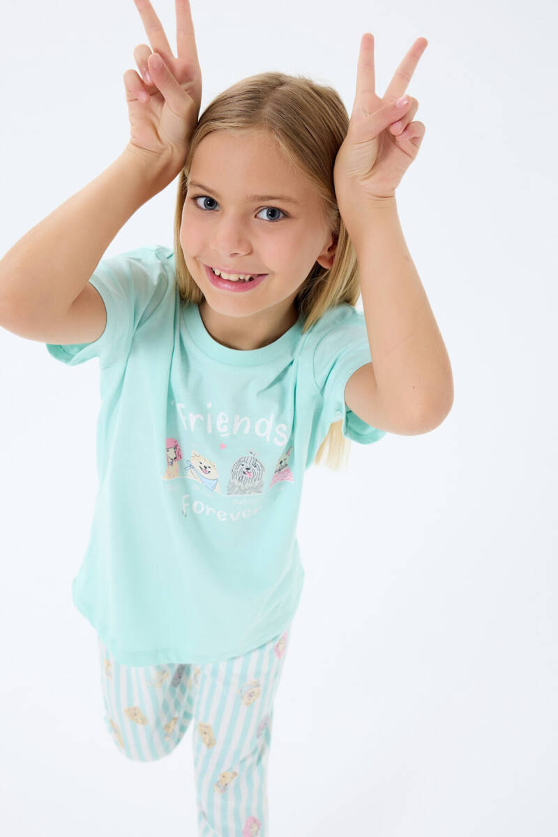 Rolypoly Kız Çocuk Bisiklet Yaka Baskılı Yazlık Regular Fit Yeşil Pijama Takımı RP3810-C-V2 - 2