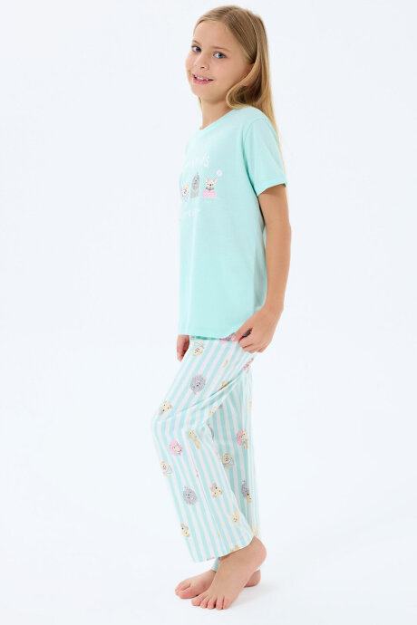 Rolypoly Kız Çocuk Bisiklet Yaka Baskılı Yazlık Regular Fit Yeşil Pijama Takımı RP3810-C-V2 - 3