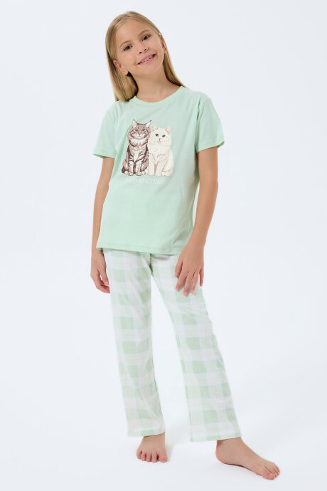 Rolypoly Kız Çocuk Bisiklet Yaka Baskılı Yazlık Regular Fit Yeşil Pijama Takımı RP3808-C-V2