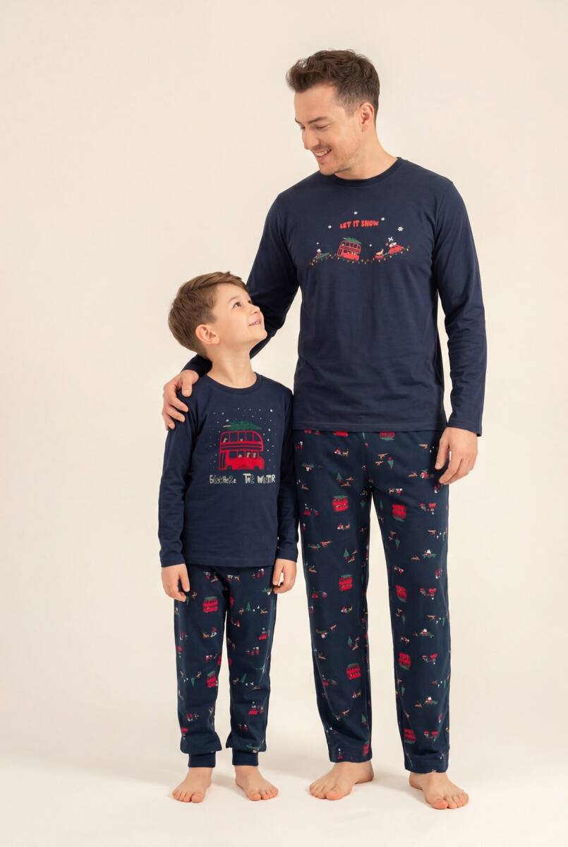 Rolypoly Let It Snow Baba Oğul %100 Pamuk Lacivert Uzun Kol Pijama Takım RP3939-A-V1 - 1