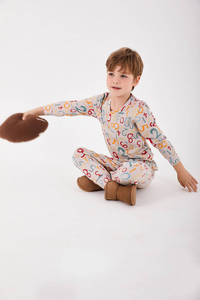 RolyPoly Numbers Bej Erkek Çocuk Uzun Kol Pijama Takım
