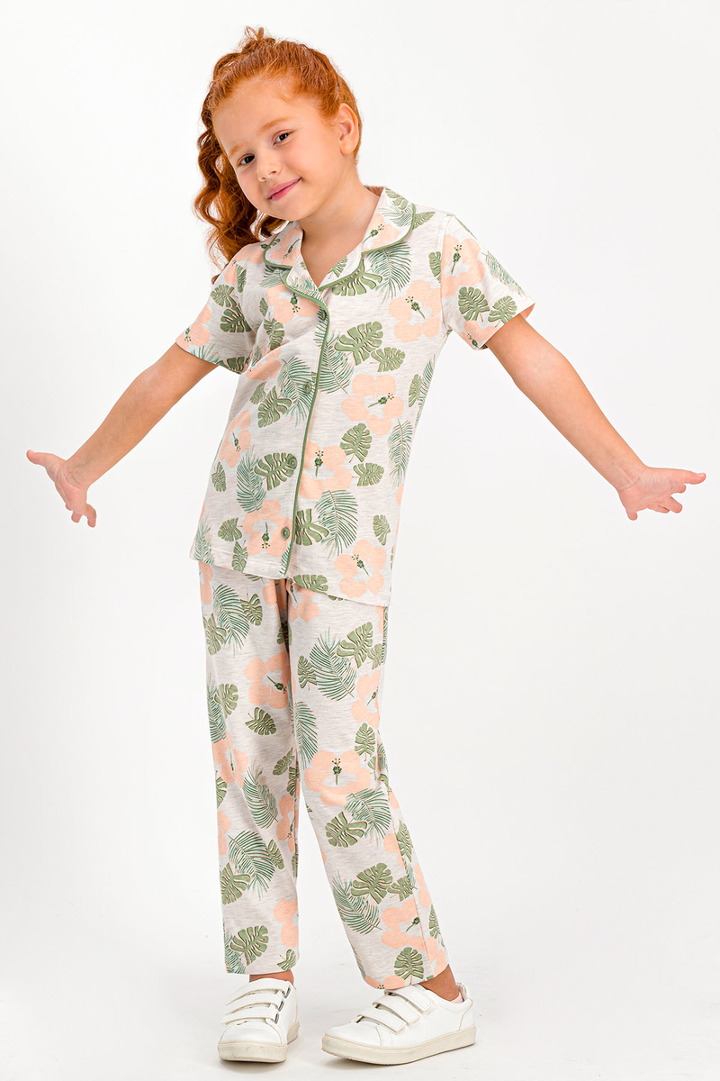 RolyPoly Tropical Flowers Kremmelanj Düğmeli Kız Çocuk Gömlek Pijama Takımı