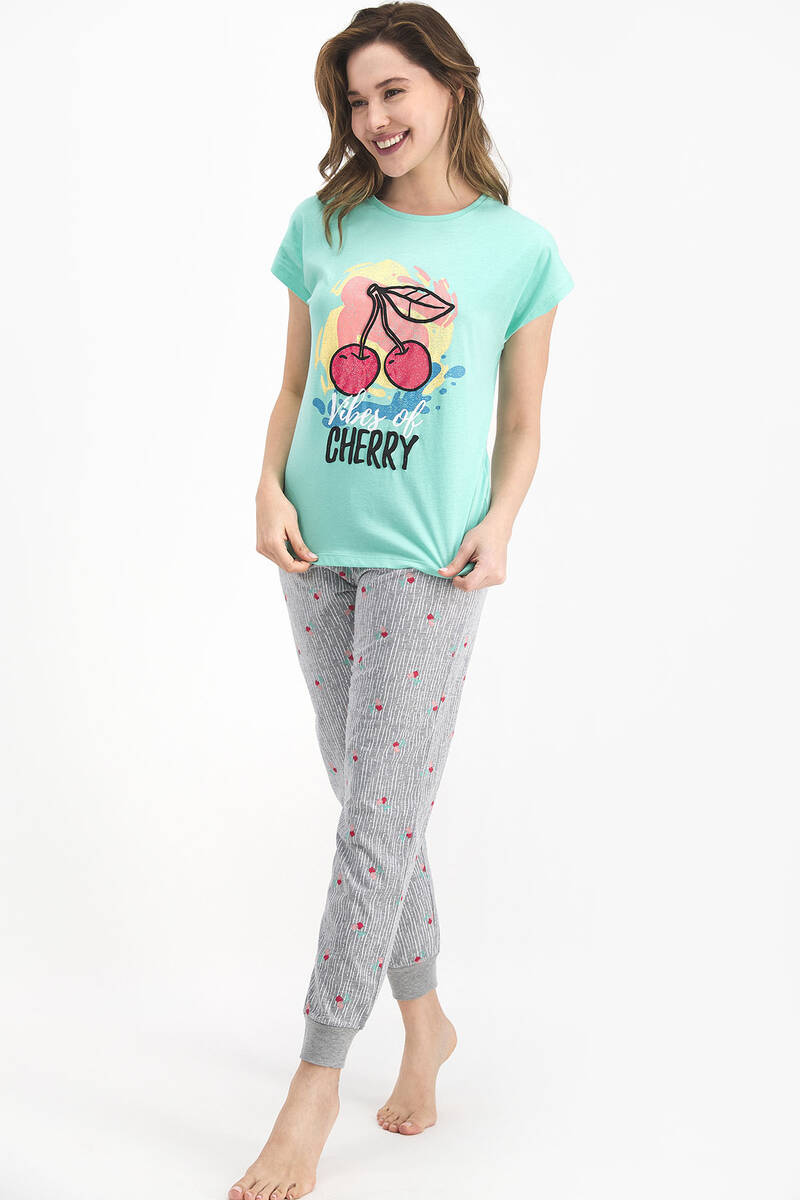 RolyPoly Vibes Of Cherry Nil Yeşili Kadın Kısa Kol Pijama Takımı