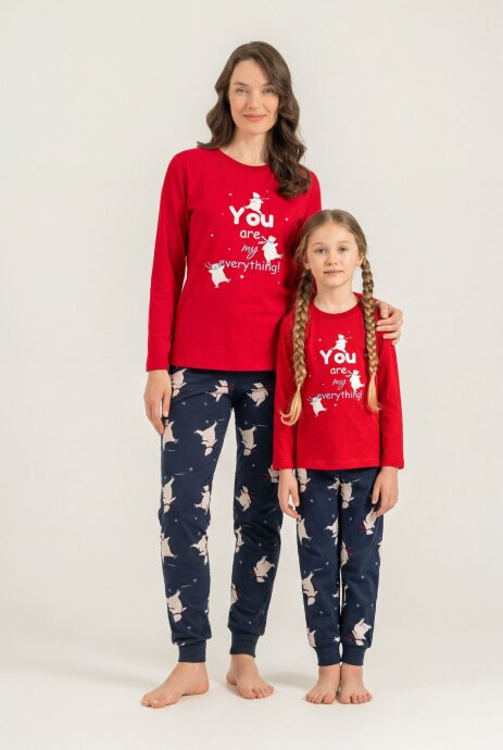Rolypoly You Are My Everything Anne Kız %100 Pamuk Kırmızı Uzun Kol Pijama Takım RP3930-A-V1