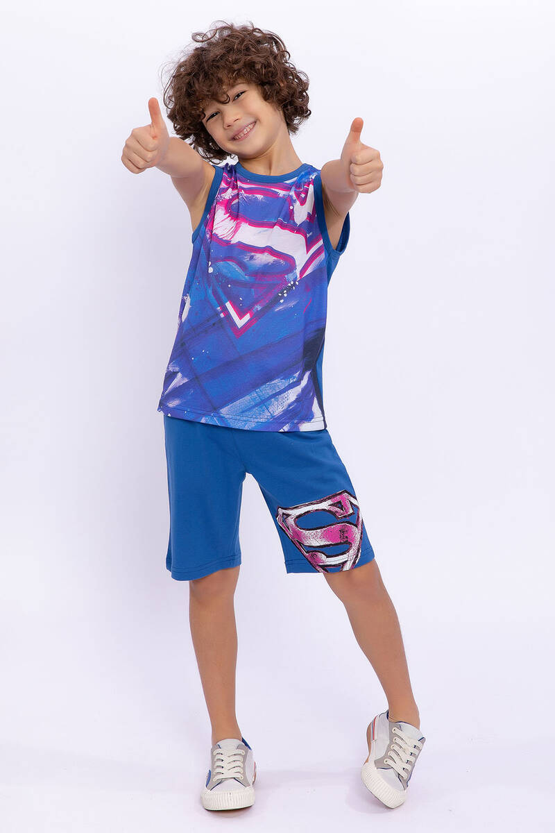 SuperMan - Superman Lisanslı Cobalt Mavi Erkek Çocuk Kolsuz Bermuda Takımı (1)