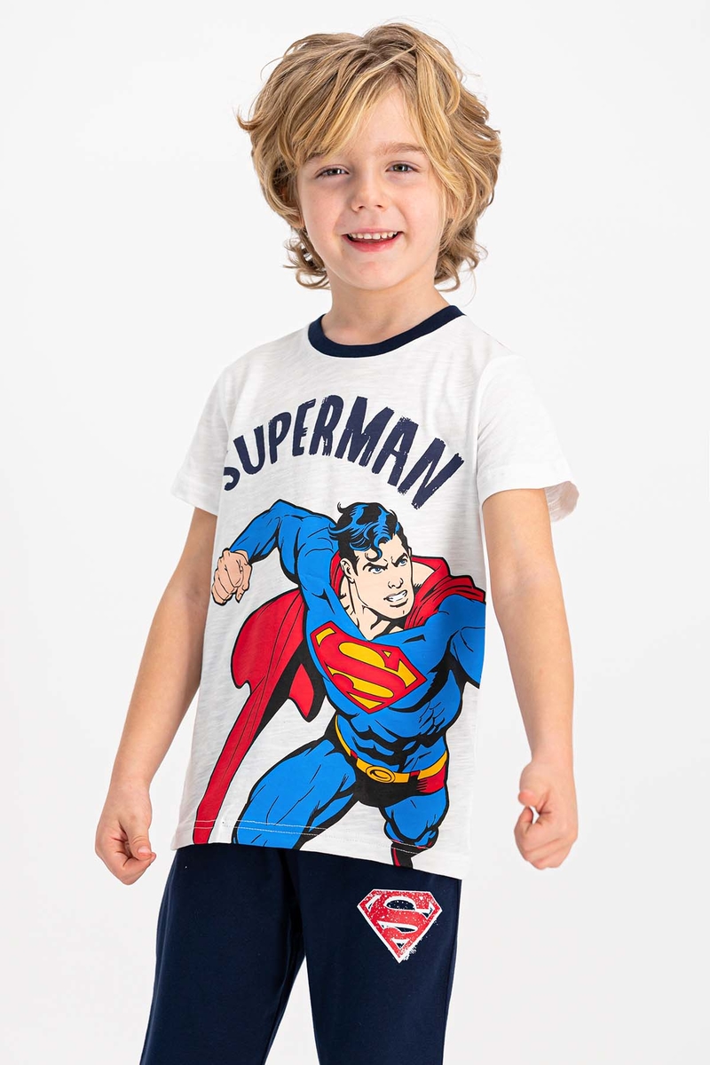 Superman - Superman Lisanslı Lisanslı Krem Bisiklet Yaka Erkek Çocuk Kapri Takım (1)