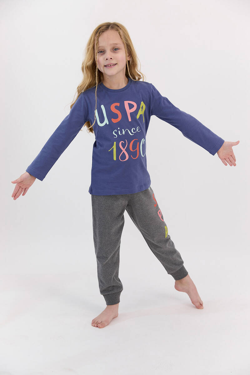 U.S. Polo Assn Açık İndigo Kız Çocuk Uzun Kol Ribanalı Pijama Takımı