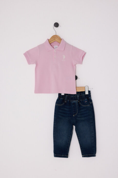 U.S. Polo Assn. Kız Bebek Pamuklu Polo Yaka Pigment Baskılı Yazlık Regular Fit Pembe Bebek Takımı USB2637-C-V1