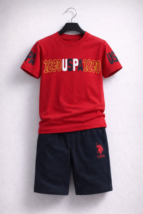 U.S. Polo Assn. Erkek Çocuk Pamuklu Bisiklet Yaka Pigment Baskılı Yazlık Regular Fit Kırmızı Bermuda Takım US1097-C-V-1 - 2