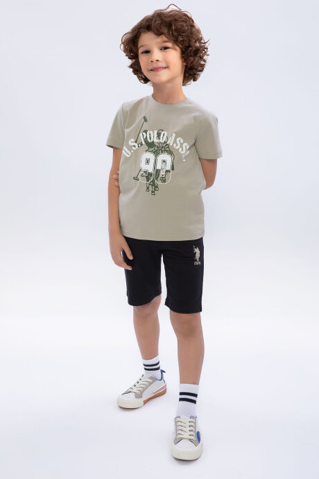 U.S. Polo Assn. Erkek Çocuk Pamuklu Bisiklet Yaka Pigment Baskılı Yazlık Regular Fit Haki Bermuda Takım US1091-C-V-1