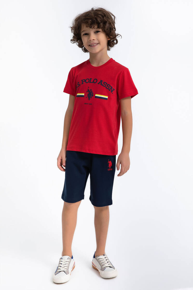 U.S. Polo Assn. Erkek Çocuk Pamuklu Bisiklet Yaka Pigment Baskılı Yazlık Regular Fit Kırmızı Bermuda Takım US1027-C-V-2 - 1