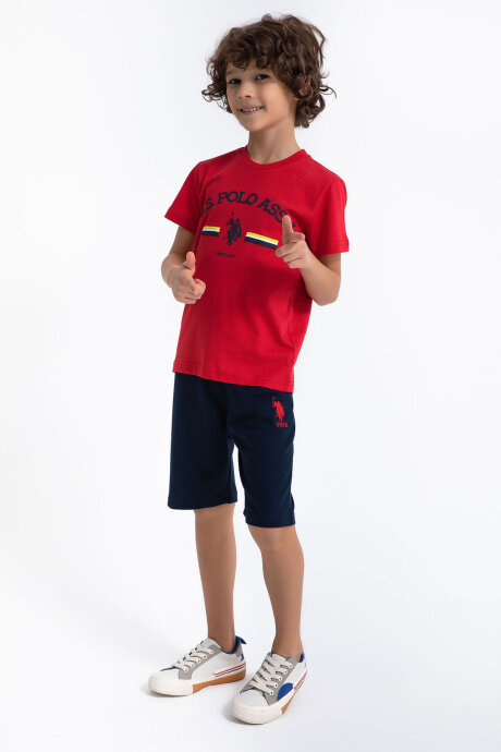 U.S. Polo Assn. Erkek Çocuk Pamuklu Bisiklet Yaka Pigment Baskılı Yazlık Regular Fit Kırmızı Bermuda Takım US1027-C-V-2 - 2
