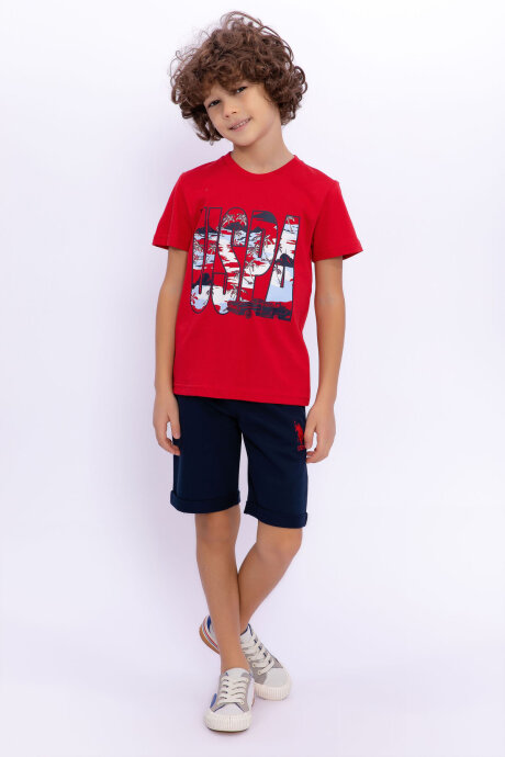 U.S. Polo Assn. Erkek Çocuk Pamuklu Bisiklet Yaka Pigment Baskılı Yazlık Regular Fit Kırmızı Bermuda Takım US1015-C-V-4 