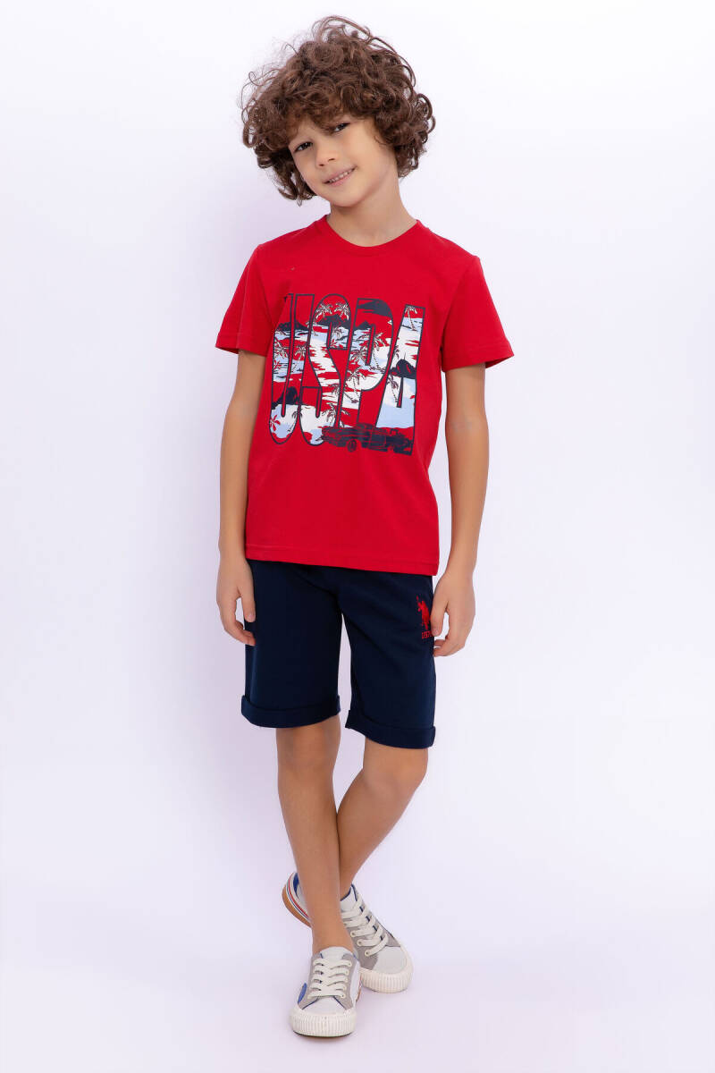 U.S. Polo Assn. Erkek Çocuk Pamuklu Bisiklet Yaka Pigment Baskılı Yazlık Regular Fit Kırmızı Bermuda Takım US1015-C-V-4 - 1