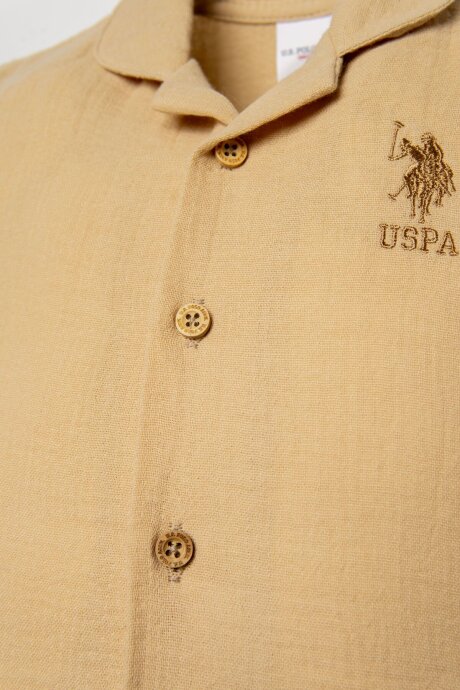 U.S. Polo Assn. Erkek Bebek %100 Pamuk Gömlek Yaka Nakışlı Yazlık Regular Fit Bej Pijama Takımı USB2947-C-V3 - 2