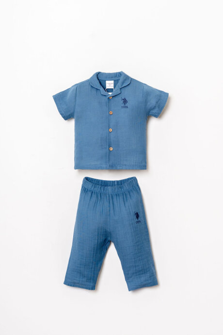 U.S. Polo Assn. Erkek Bebek %100 Pamuk Gömlek Yaka Nakışlı Yazlık Regular Fit Mavi Pijama Takımı USB2947-C-V1 