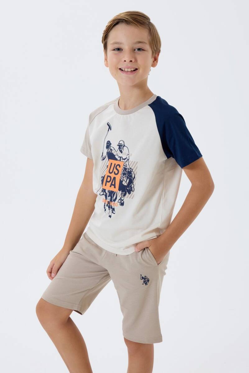U.S. Polo Assn. Erkek Çocuk %100 Pamuk Bisiklet Yaka Nakışlı Yazlık Regular Fit Bej Bermuda Takım US2423-C-V1 - 1