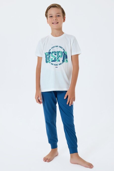 U.S. Polo Assn. Erkek Çocuk Bisiklet Yaka Nakışlı Yazlık Regular Fit Beyaz Pijama Takımı US2413-C-V2 (1)