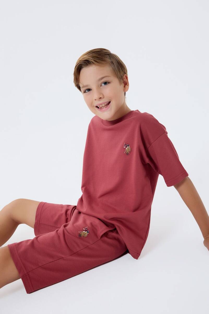 U.S. Polo Assn. Erkek Çocuk %100 Pamuk Bisiklet Yaka Nakışlı Yazlık Regular Fit Bordo Bermuda Takım US2434-C-V1 - 1