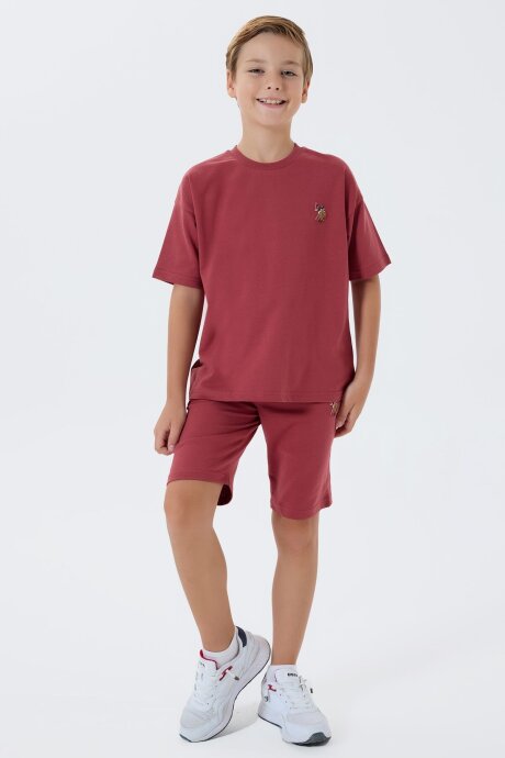 U.S. Polo Assn. Erkek Çocuk %100 Pamuk Bisiklet Yaka Nakışlı Yazlık Regular Fit Bordo Bermuda Takım US2434-C-V1 - 2