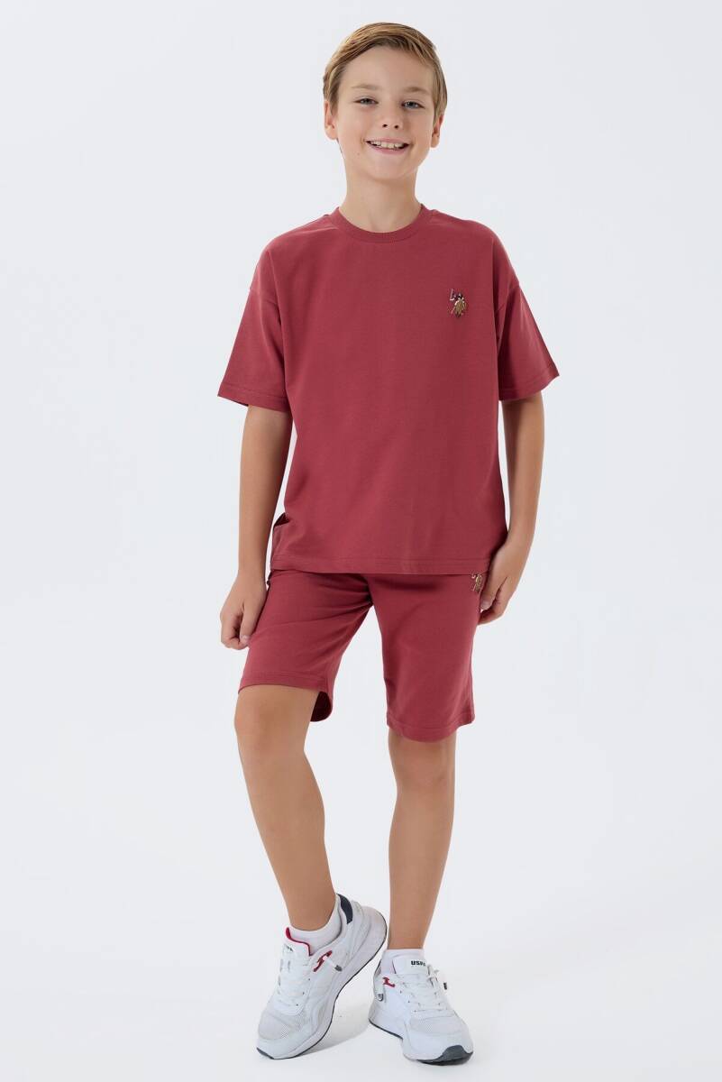U.S. Polo Assn. Erkek Çocuk %100 Pamuk Bisiklet Yaka Nakışlı Yazlık Regular Fit Bordo Bermuda Takım US2434-C-V1 - 2