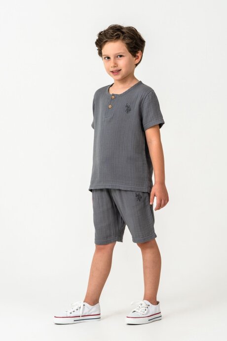 U.S. Polo Assn. Erkek Çocuk %100 Pamuk Bisiklet Yaka Nakışlı Yazlık Regular Fit Gri Bermuda Takım US2439-C-V2 - 2