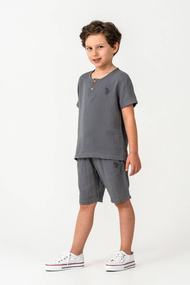 U.S. Polo Assn. Erkek Çocuk %100 Pamuk Bisiklet Yaka Nakışlı Yazlık Regular Fit Gri Bermuda Takım US2439-C-V2 - 2