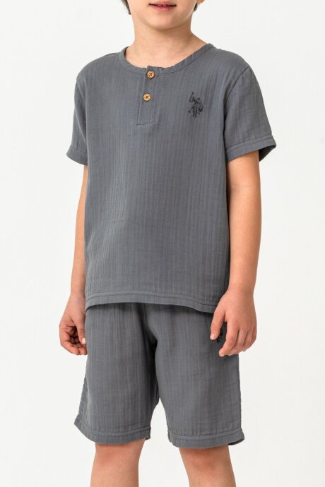 U.S. Polo Assn. Erkek Çocuk %100 Pamuk Bisiklet Yaka Nakışlı Yazlık Regular Fit Gri Bermuda Takım US2439-C-V2 - 3