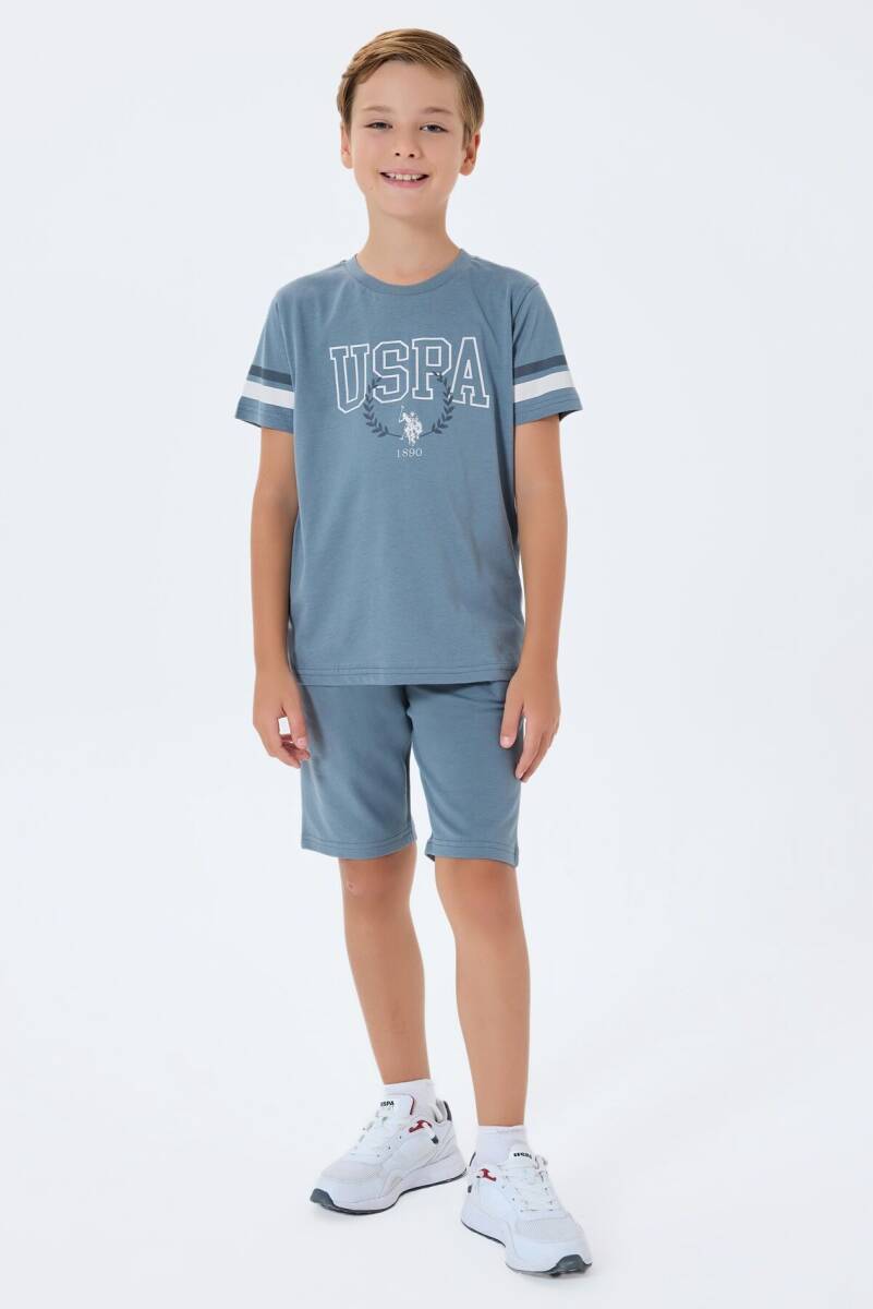 U.S. Polo Assn. Erkek Çocuk %100 Pamuk Bisiklet Yaka Nakışlı Yazlık Regular Fit Gri Bermuda Takım US2409-C-V1 - 1