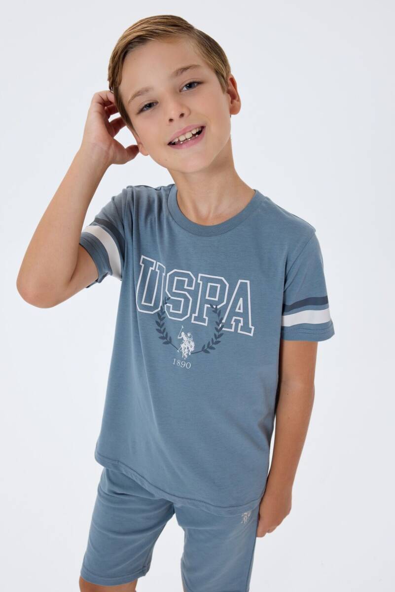 U.S. Polo Assn. Erkek Çocuk %100 Pamuk Bisiklet Yaka Nakışlı Yazlık Regular Fit Gri Bermuda Takım US2409-C-V1 - 2