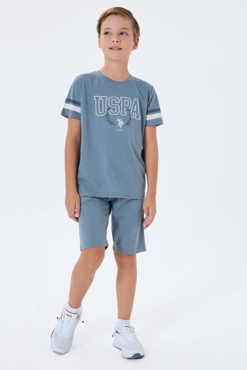 U.S. Polo Assn. Erkek Çocuk %100 Pamuk Bisiklet Yaka Nakışlı Yazlık Regular Fit Gri Bermuda Takım US2409-C-V1 - 5