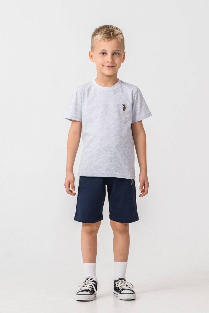 U.S. Polo Assn. Erkek Çocuk Pamuklu Bisiklet Yaka Nakışlı Yazlık Regular Fit Gri Bermuda Takım US2470-C-V1 - 5